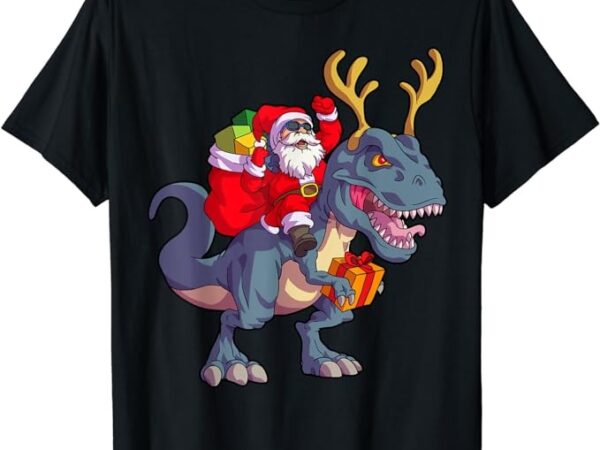 Christmas santa riding dinosaur deer xmas kids boys men short sleeve t-shirt
