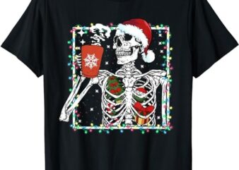 Christmas Skeleton With Smiling Skull Drinking Coffee Latte T-Shirt