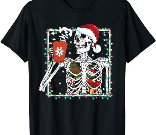 Christmas skeleton with smiling skull drinking coffee latte t-shirt