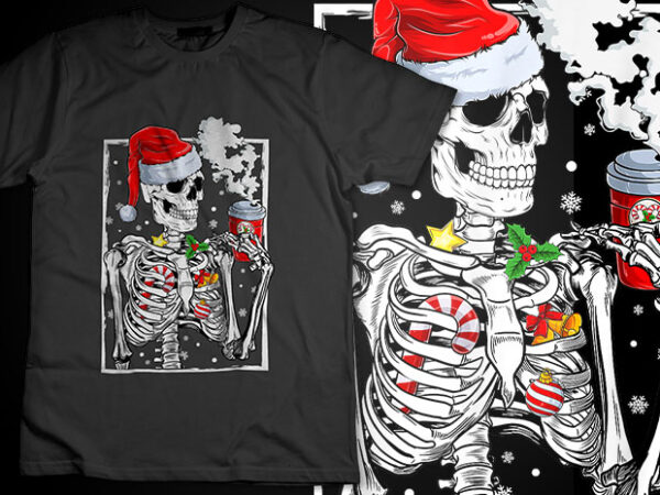 Christmas skeleton with smiling skull drinking coffee latte tshirt design
