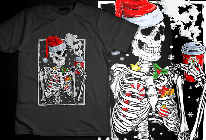 Christmas Skeleton With Smiling Skull Drinking Coffee Latte TShirt Design