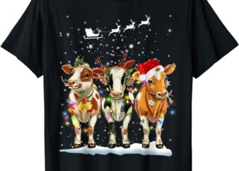Cow Reindeer Santa Hat Christmas Light Funny Cows Lover Xmas T-Shirt