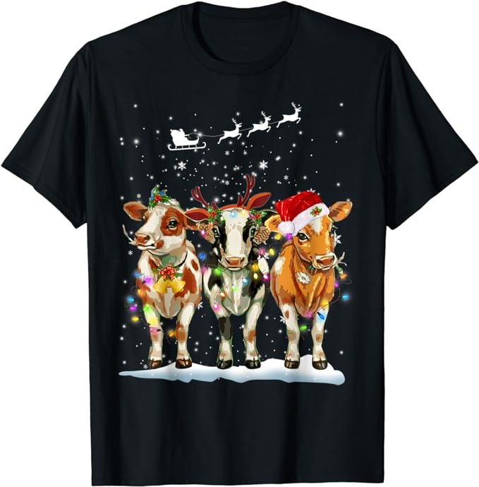 Cow Reindeer Santa Hat Christmas Light Funny Cows Lover Xmas T-Shirt