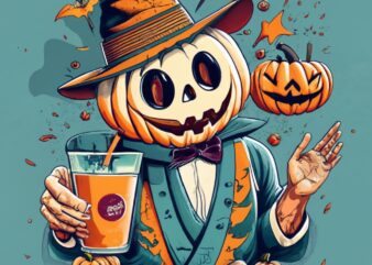 t-shirt design in vintage style featuring Jack, holding a pumpkin juice cup in his hand and offering a greeting PNG File