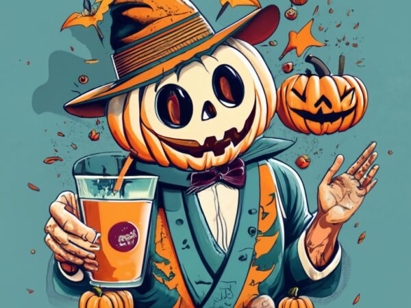 T-shirt design in vintage style featuring jack, holding a pumpkin juice cup in his hand and offering a greeting png file