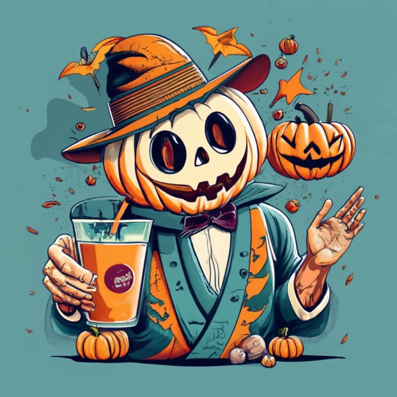 t-shirt design in vintage style featuring Jack, holding a pumpkin juice cup in his hand and offering a greeting PNG File