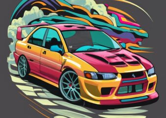 Create a vector T-shirt design of a Mitsubishi Evo, must be dramatic with lots of bright colours PNG File