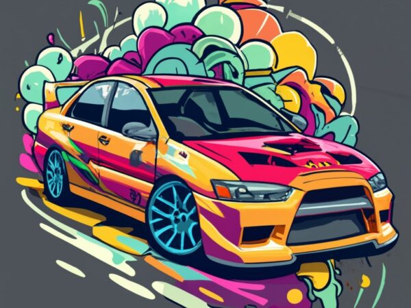 Create a vector t-shirt design of a mitsubishi evo, must be dramatic with lots of bright colours png file
