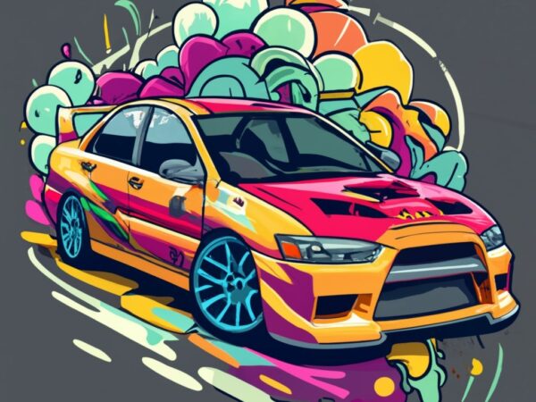 Create a vector t-shirt design of a mitsubishi evo, must be dramatic with lots of bright colours png file Create a vector t-shirt design of a mitsubishi evo, must be dramatic with lots of bright colours png file