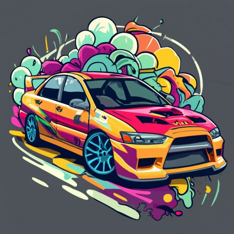 Create a vector T-shirt design of a Mitsubishi Evo, must be dramatic with lots of bright colours PNG File