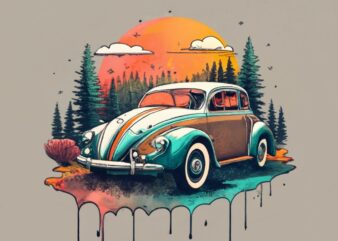 t-shirt design featuring a beautiful Vintage car The design should capture the essence of the forest, with a vanishing point perspective and