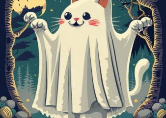 Create most powerful cute cat t shirt design,cat see white ghost coming in spooky forest PNG File