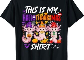 Cute Axolotl HalloThanksMas Halloween Thanksgiving Christmas T-Shirt