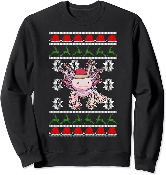 Cute Axolotl Ugly Sweater Christmas Lights Santa Hat Kawaii Sweatshirt 1