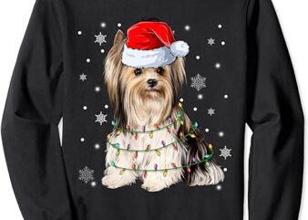 Cute Santa Claus Yorkie Dog Xmas Tree Lights Christmas PJS Sweatshirt