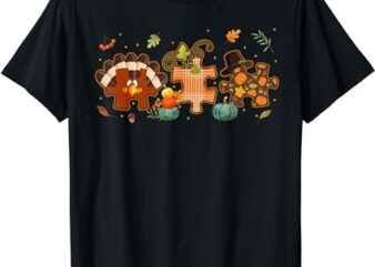 Cute Turkey Autism Awareness Puzzle Pumpkin Thanksgiving Day T-Shirt