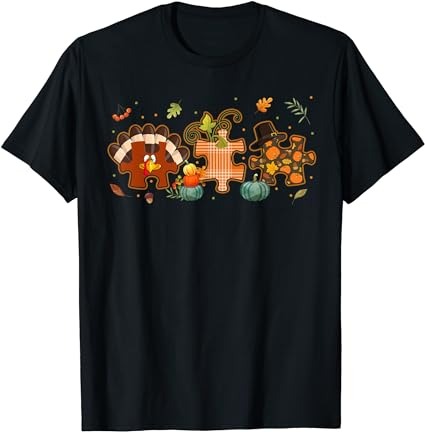 Cute turkey autism awareness puzzle pumpkin thanksgiving day t-shirt