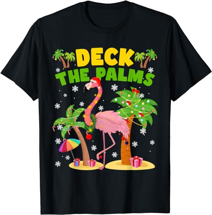 Deck The Palms Flamingo Mele Kalikimaka Hawaiian Christmas T-Shirt