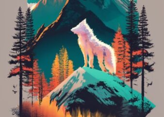 Design a captivating t-shirt graphic that showcases a double exposure of a white wolf and a majestic mountain, expertly intertwined with a b