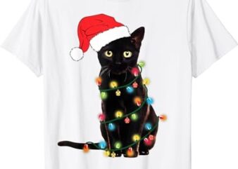 Funny Black Cat Christmas Light Funny Cat Lover Christmas T-Shirt