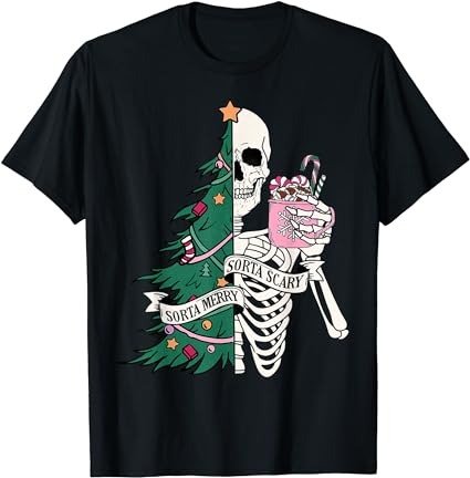 Funny christmas sorta merry sorta scary skeleton xmas tree t-shirt