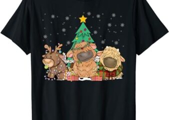 Funny Merry Christmas Cute Highland Cows Xmas Tree T-Shirt