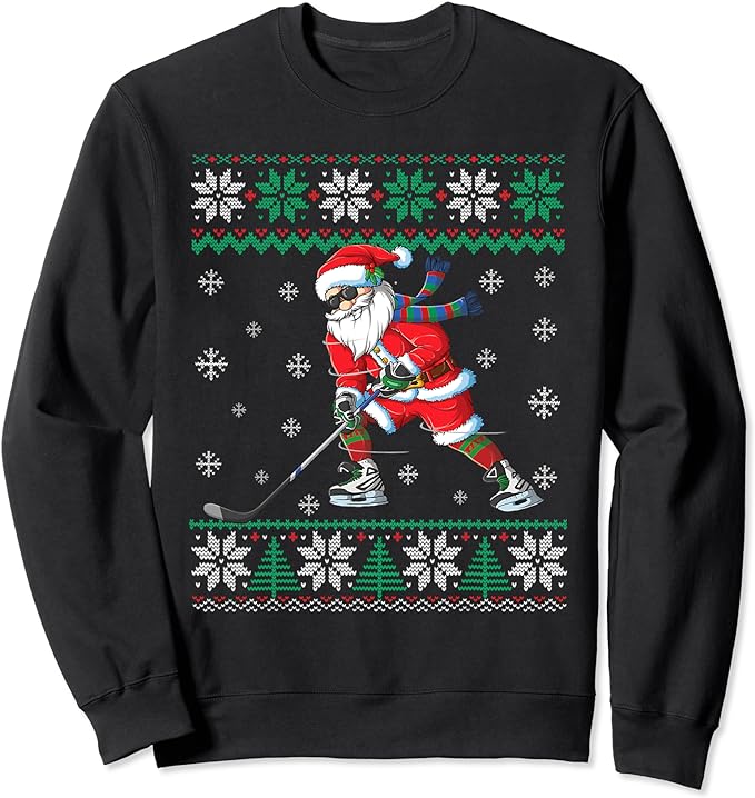 Funny Santa Claus Christmas Ice Hockey Ugly Sweater Boys Men Sweatshirt