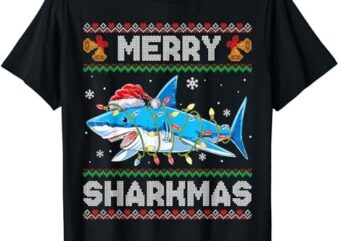 Funny Shark Merry Sharkmas Snow Xmas Lights Ugly Christmas T-Shirt