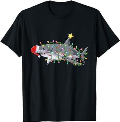Funny shark santa hat christmas lights xmas shark kids boys t-shirt