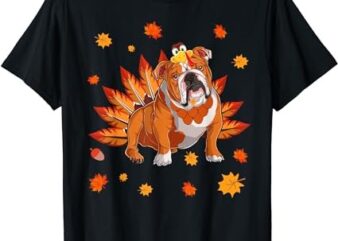 Funny Turkey English Bulldog Dog Maple Leaf Thanksgiving Day T-Shirt