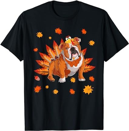 Funny turkey english bulldog dog maple leaf thanksgiving day t-shirt