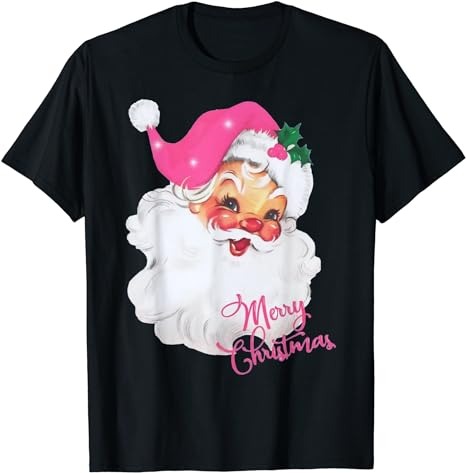 Funny Vintage Pink Santa Claus Pink Christmas Design T-Shirt