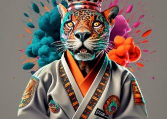 Gabriel t-shirt design, Full body JIUJUTSU Fighter Jaguar wearing Jiu Jitsu Bjj Gi Kimono with Aztec crown on his head and with explosions o