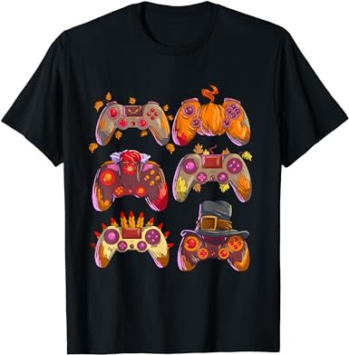 Gamer thanksgiving boys gaming controllers turkey pumpkin t-shirt