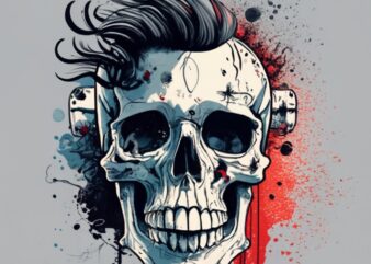 “Giovanni” Kim t-shirt design, skull with hair. Watercolor splashes PNG File