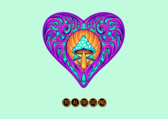 Glamorous heart ornament with magic mushrooms t shirt design template