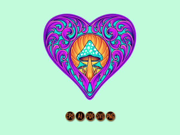 Glamorous heart ornament with magic mushrooms t shirt design template