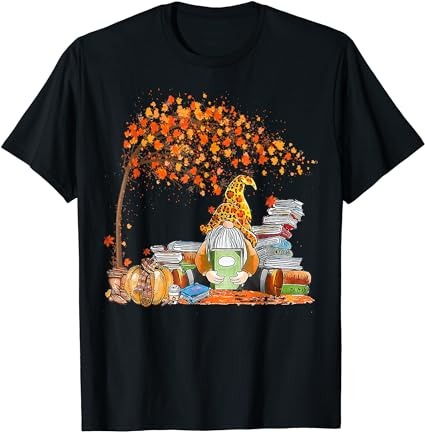 Gnomes autumn leaf tree thanksgiving books reading lover t-shirt