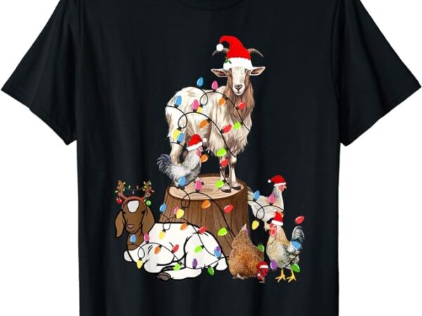 Goat chicken santa hat reindeer christmas lights farm animal t-shirt
