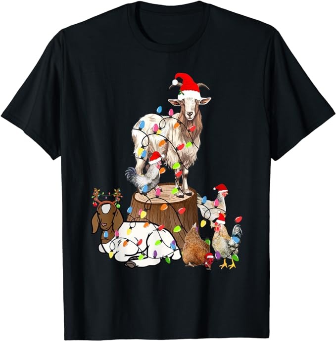 Goat Chicken Santa Hat Reindeer Christmas Lights Farm Animal T-Shirt ...