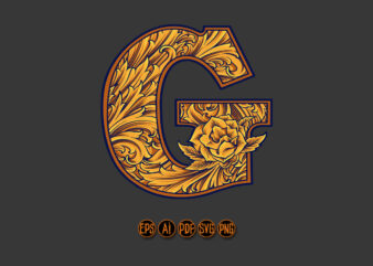 Golden letter G monogram logo vintage flourish t shirt design template