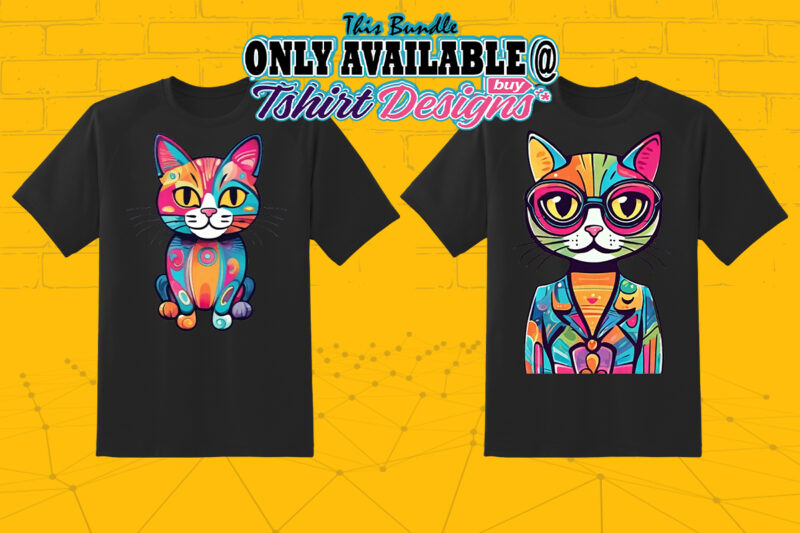 Exclusive Groovy Stylish Cat Character Illustration Clipart Bundle Ideal for Print on Demand Business Store