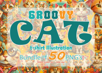 Vintage Cat Boho & Groovy Style Clipart Illustration Bundle Perfect for POD Business
