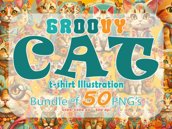 Vintage cat boho & groovy style clipart illustration bundle perfect for pod business t shirt vector art