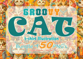 Exclusive Groovy Stylish Cat Character Illustration Clipart Bundle Ideal for Print on Demand Business Store vector clipart