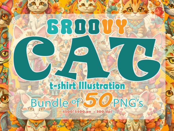 Exclusive groovy stylish cat character illustration clipart bundle ideal for print on demand business store vector clipart