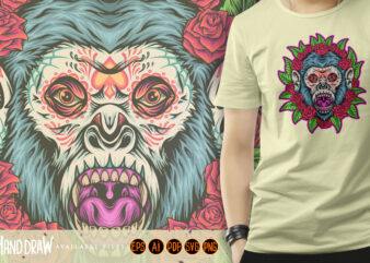 Haunted monkey sugar skull floral horror graphic t shirt