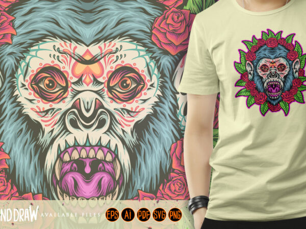 Haunted monkey sugar skull floral horror graphic t shirt