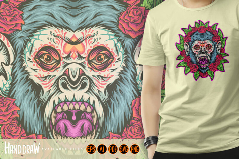 Haunted monkey sugar skull floral horror