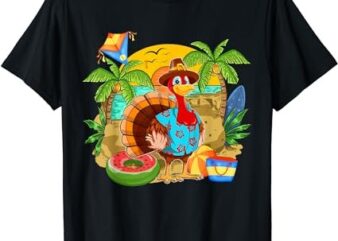 Hawaiian Turkey On Beach Thanksgiving Flowers Lover Family T-Shirt